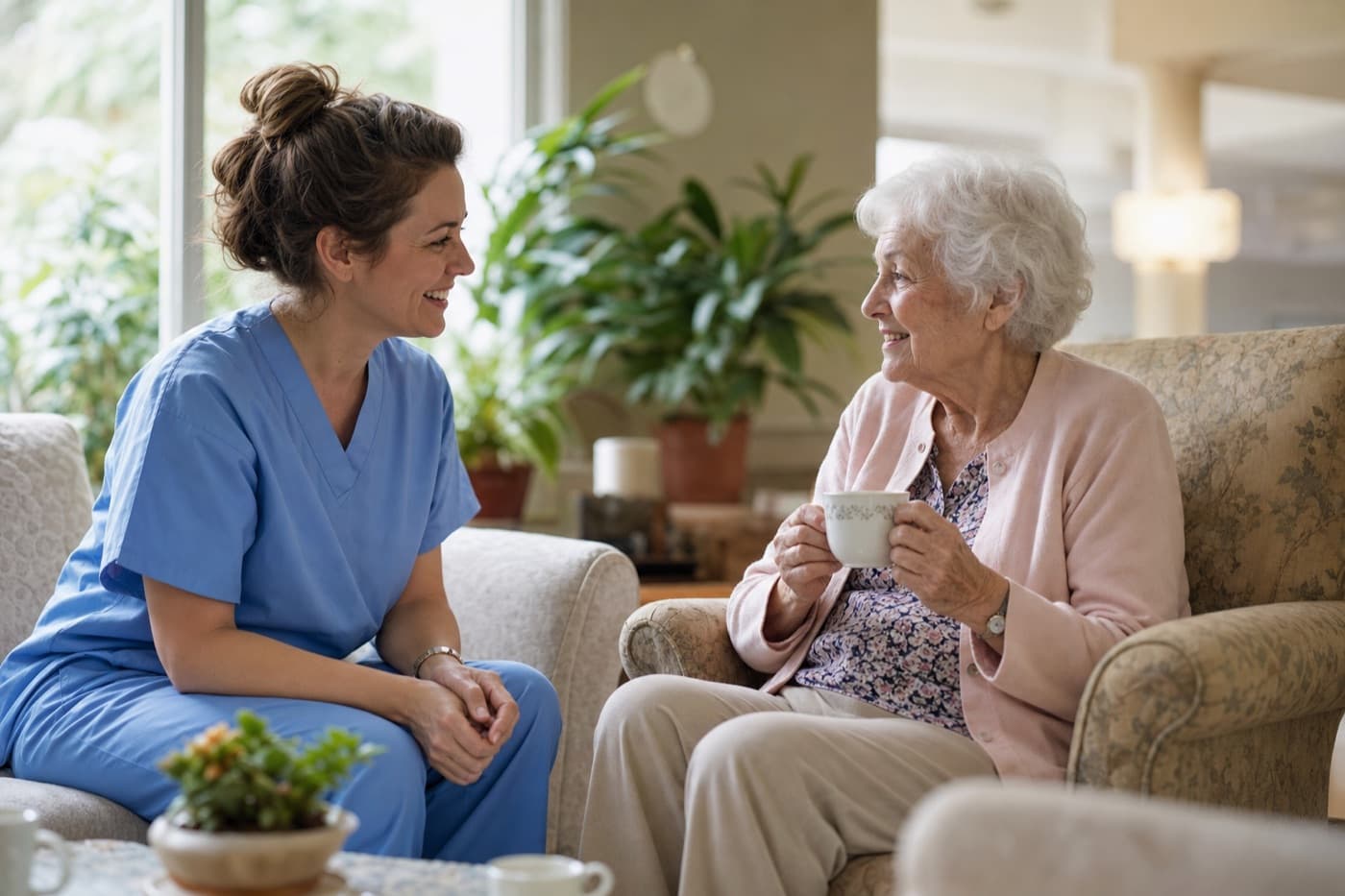 A caregiver and a resident sharing a warm conversation over tea
