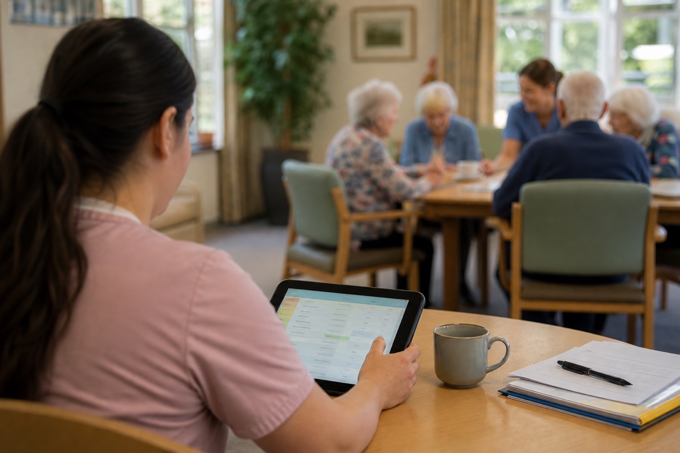 A care-team member reviewing resident insights on a tablet